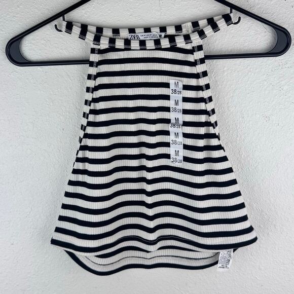 NWT ZARA Ribbed Minimalist Halter Black & White Striped Tank Top Womens Sz M - Picture 2 of 6